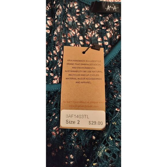 ARIA HAND MADE Teal lace sleeveless tunic shirt. Coverup. Shark bite hem. NWT. S - Picture 4 of 5